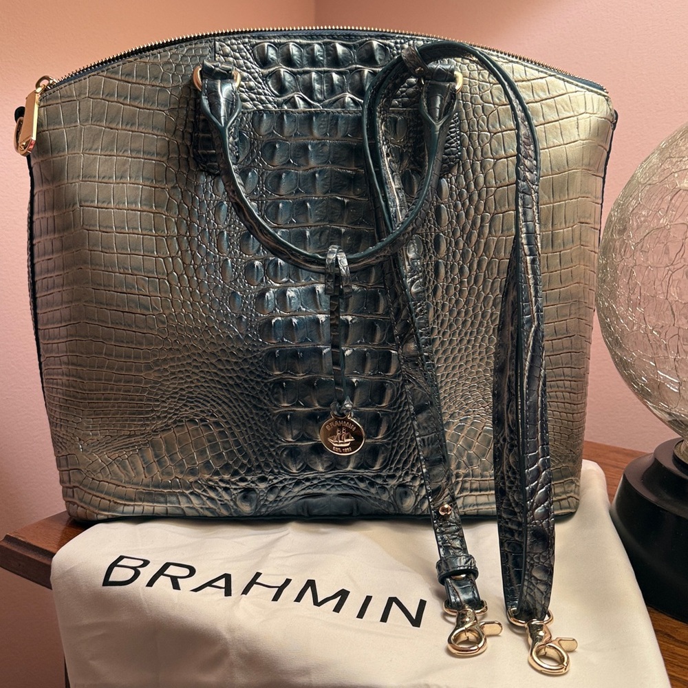 Brahmin Large Duxbury Satchel Crocodile-Embossed Handbag Silver Blue Green